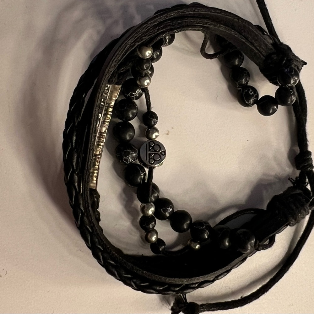 Black Beaded Leather bracelet with Silver Accents